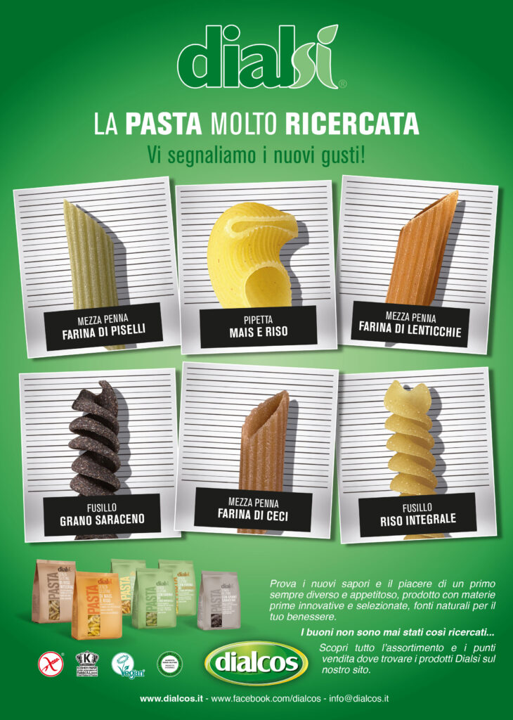 advertising con sfondo verde con vari tipi di pasta