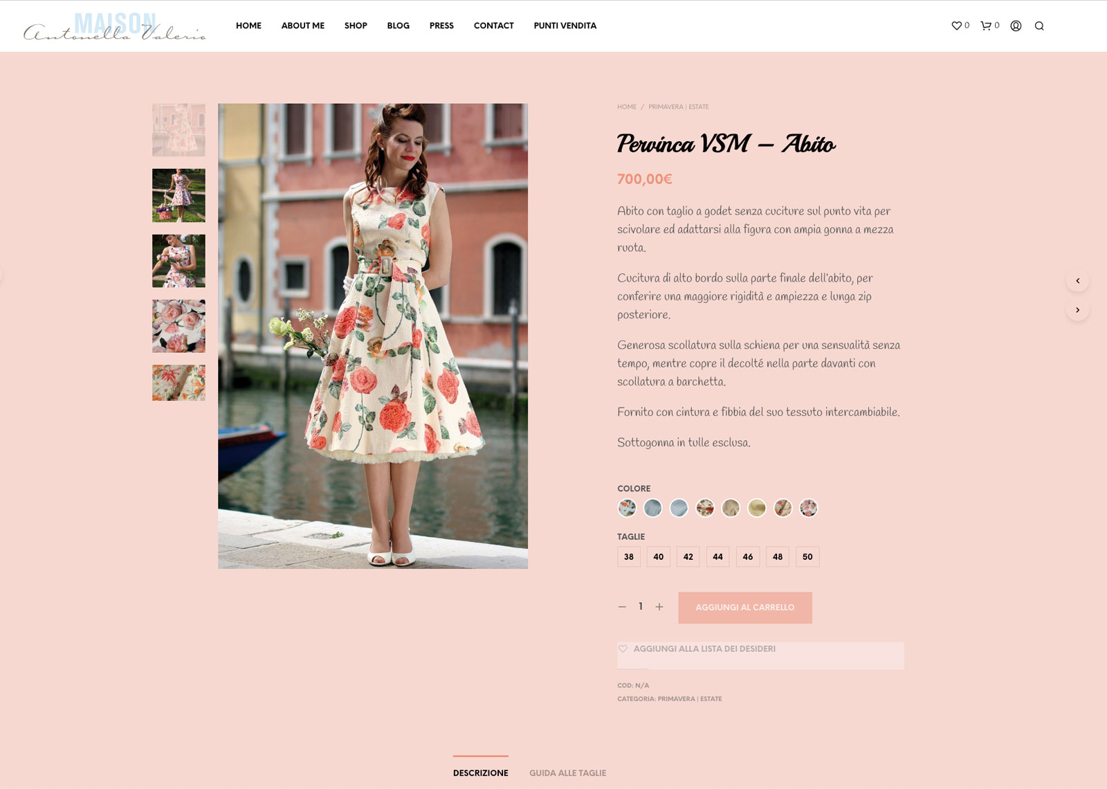 schermata e-commerce di un vestito sartoriale in vendita