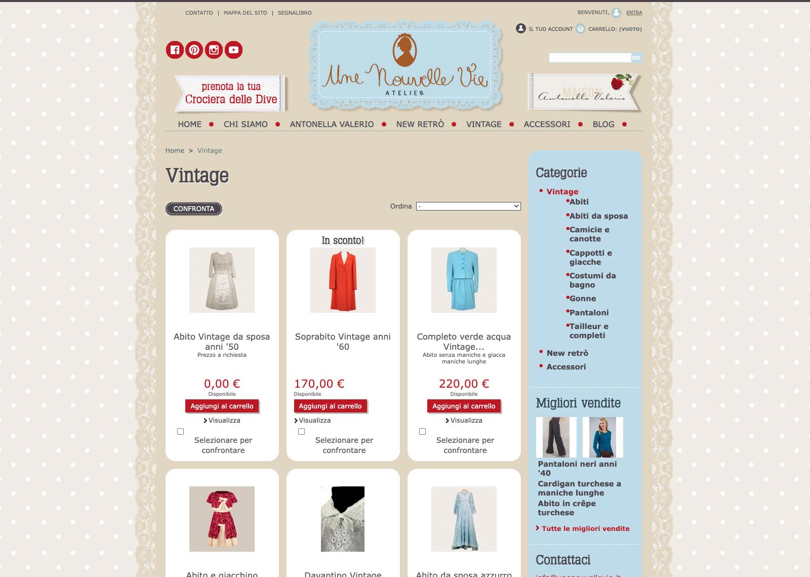 schermata sito web prodotti sartoriali atelier di moda