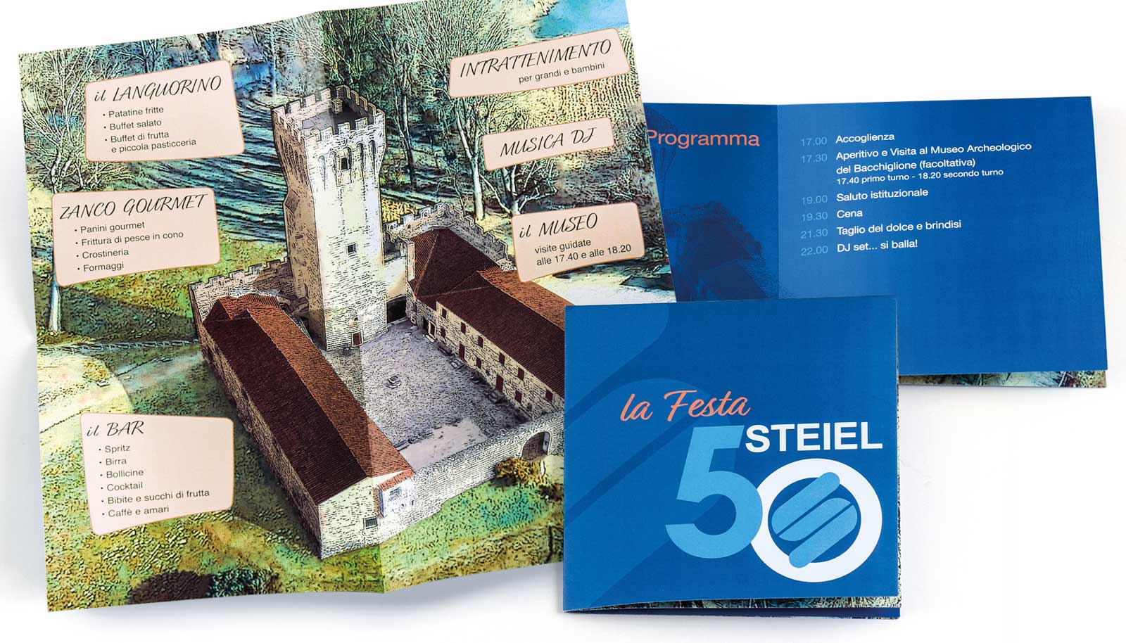 volantino azzurro con menu e programma evento